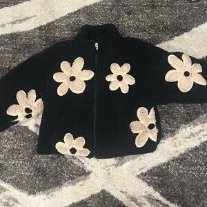 Free People Black and Cream Teddy Jacket with Floral Accents